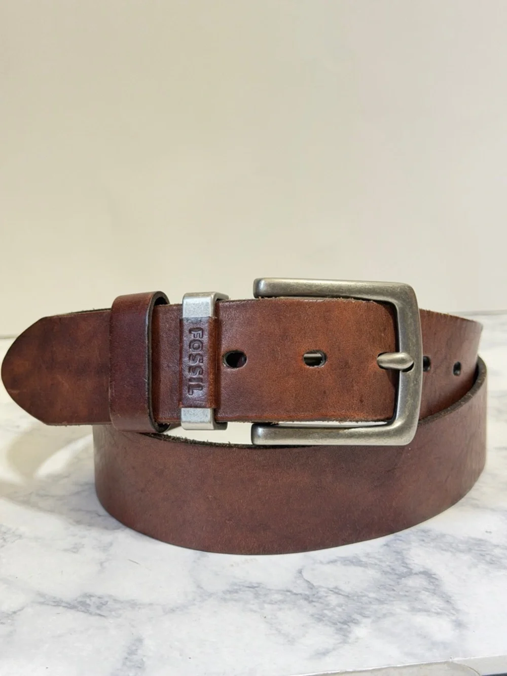 FOSSIL Mens Jay Belt Brown Genuine leather silver buckle Size 38